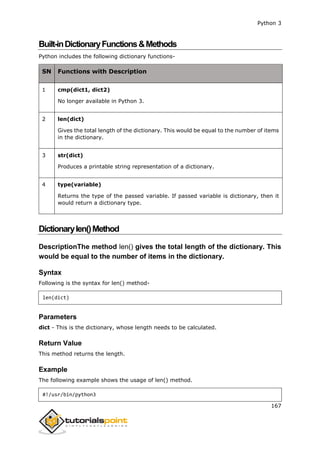 Python 3
167
Built-inDictionaryFunctions&Methods
Python includes the following dictionary functions-
SN Functions with Description
1 cmp(dict1, dict2)
No longer available in Python 3.
2 len(dict)
Gives the total length of the dictionary. This would be equal to the number of items
in the dictionary.
3 str(dict)
Produces a printable string representation of a dictionary.
4 type(variable)
Returns the type of the passed variable. If passed variable is dictionary, then it
would return a dictionary type.
Dictionarylen()Method
DescriptionThe method len() gives the total length of the dictionary. This
would be equal to the number of items in the dictionary.
Syntax
Following is the syntax for len() method-
len(dict)
Parameters
dict - This is the dictionary, whose length needs to be calculated.
Return Value
This method returns the length.
Example
The following example shows the usage of len() method.
#!/usr/bin/python3
 