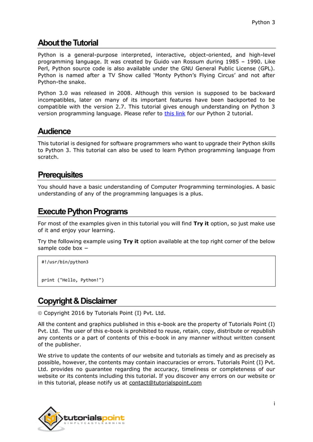 Python 3 tutorialspoint full cource book pdf