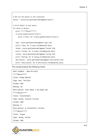 Python 3
413
# Get all the movies in the collection
movies = collection.getElementsByTagName("movie")
# Print detail of each movie.
for movie in movies:
print ("*****Movie*****")
if movie.hasAttribute("title"):
print ("Title: %s" % movie.getAttribute("title"))
type = movie.getElementsByTagName('type')[0]
print ("Type: %s" % type.childNodes[0].data)
format = movie.getElementsByTagName('format')[0]
print ("Format: %s" % format.childNodes[0].data)
rating = movie.getElementsByTagName('rating')[0]
print ("Rating: %s" % rating.childNodes[0].data)
description = movie.getElementsByTagName('description')[0]
print ("Description: %s" % description.childNodes[0].data)
This would produce the following result-
Root element : New Arrivals
*****Movie*****
Title: Enemy Behind
Type: War, Thriller
Format: DVD
Rating: PG
Description: Talk about a US-Japan war
*****Movie*****
Title: Transformers
Type: Anime, Science Fiction
Format: DVD
Rating: R
Description: A schientific fiction
*****Movie*****
Title: Trigun
Type: Anime, Action
Format: DVD
 