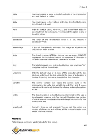 Python 3
425
padx How much space to leave to the left and right of the checkbutton
and text. Default is 1 pixel.
pady How much space to leave above and below the checkbutton and
text. Default is 1 pixel.
relief With the default value, relief=FLAT, the checkbutton does not
stand out from its background. You may set this option to any of
the other styles
selectcolor The color of the checkbutton when it is set. Default is
selectcolor="red".
selectimage If you set this option to an image, that image will appear in the
checkbutton when it is set.
state The default is state=NORMAL, but you can use state=DISABLED
to gray out the control and make it unresponsive. If the cursor is
currently over the checkbutton, the state is ACTIVE.
text The label displayed next to the checkbutton. Use newlines ("n")
to display multiple lines of text.
underline With the default value of -1, none of the characters of the text
label are underlined. Set this option to the index of a character in
the text (counting from zero) to underline that character.
variable The control variable that tracks the current state of the
checkbutton. Normally this variable is an IntVar, and 0 means
cleared and 1 means set, but see the offvalue and onvalue options
above.
width The default width of a checkbutton is determined by the size of
the displayed image or text. You can set this option to a number
of characters and the checkbutton will always have room for that
many characters.
wraplength Normally, lines are not wrapped. You can set this option to a
number of characters and all lines will be broken into pieces no
longer than that number.
Methods
Following are commonly used methods for this widget-
 