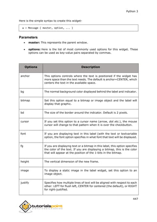 Python 3
447
Here is the simple syntax to create this widget-
w = Message ( master, option, ... )
Parameters
 master: This represents the parent window.
 options: Here is the list of most commonly used options for this widget. These
options can be used as key-value pairs separated by commas.
Options Description
anchor This options controls where the text is positioned if the widget has
more space than the text needs. The default is anchor=CENTER, which
centers the text in the available space.
bg The normal background color displayed behind the label and indicator.
bitmap Set this option equal to a bitmap or image object and the label will
display that graphic.
bd The size of the border around the indicator. Default is 2 pixels.
cursor If you set this option to a cursor name (arrow, dot etc.), the mouse
cursor will change to that pattern when it is over the checkbutton.
font If you are displaying text in this label (with the text or textvariable
option, the font option specifies in what font that text will be displayed.
fg If you are displaying text or a bitmap in this label, this option specifies
the color of the text. If you are displaying a bitmap, this is the color
that will appear at the position of the 1-bits in the bitmap.
height The vertical dimension of the new frame.
image To display a static image in the label widget, set this option to an
image object.
justify Specifies how multiple lines of text will be aligned with respect to each
other: LEFT for flush left, CENTER for centered (the default), or RIGHT
for right-justified.
 