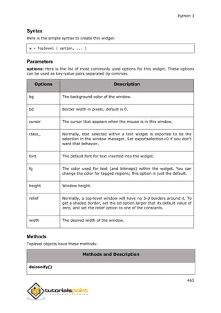 Python 3
465
Syntax
Here is the simple syntax to create this widget-
w = Toplevel ( option, ... )
Parameters
options: Here is the list of most commonly used options for this widget. These options
can be used as key-value pairs separated by commas.
Options Description
bg The background color of the window.
bd Border width in pixels; default is 0.
cursor The cursor that appears when the mouse is in this window.
class_ Normally, text selected within a text widget is exported to be the
selection in the window manager. Set exportselection=0 if you don't
want that behavior.
font The default font for text inserted into the widget.
fg The color used for text (and bitmaps) within the widget. You can
change the color for tagged regions; this option is just the default.
height Window height.
relief Normally, a top-level window will have no 3-d borders around it. To
get a shaded border, set the bd option larger that its default value of
zero, and set the relief option to one of the constants.
width The desired width of the window.
Methods
Toplevel objects have these methods-
Methods and Description
deiconify()
 