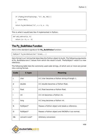 Python 3
498
if (!PyArg_ParseTuple(args, "ii", &a, &b)) {
return NULL;
}
return Py_BuildValue("ii", a + b, a - b);
}
This is what it would look like if implemented in Python-
def add_subtract(a, b):
return (a + b, a - b)
The Py_BuildValue Function
Here is the standard signature for Py_BuildValue function-
PyObject* Py_BuildValue(char* format,...)
Here format is a C string that describes the Python object to build. The following arguments
of Py_BuildValue are C values from which the result is built. ThePyObject* result is a new
reference.
The following table lists the commonly used code strings, of which zero or more are joined
into a string format.
Code C type Meaning
c char A C char becomes a Python string of length 1.
d double A C double becomes a Python float.
f float A C float becomes a Python float.
i int A C int becomes a Python int.
l long A C long becomes a Python int.
N PyObject* Passes a Python object and steals a reference.
O PyObject* Passes a Python object and INCREFs it as normal.
O& convert+void* Arbitrary conversion
 