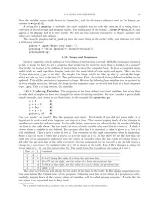 1.13. LOOPS AND SEQUENCES 35
Note the variable names inside braces in formatStr, and the dictionary reference used as the format pa-
rameter is **locals().
A string like formatStr is probably the most readable way to code the creation of a string from a
collection of literal strings and program values. The ending part of the syntax, .format(**locals()), may
appear a bit strange, but it is very useful! We will use this notation extensively to clearly indicate how
values are embedded into strings.
The example program hello_you4.py does the same thing as the earlier hello_you versions, but with
a dictionary reference:
person = input(’Enter your name: ’)
greeting = ’Hello {person}!’.format(**locals())
print(greeting)
1.13. Loops and Sequences
Modern computers can do millions or even billions of instructions a second. With the techniques discussed
so far, it would be hard to get a program that would run by itself for more than a fraction of a second.6
Practically, we cannot write millions of instructions to keep the computer busy. To keep a computer doing
useful work we need repetition, looping back over the same block of code again and again. There are two
Python statement types to do that: the simpler for loops, which we take up shortly, and while loops,
which we take up later, in Section 3.3. Two preliminaries: First, the value of already deﬁned variables can be
updated. This will be particularly important in loops. We start by following how variables can be updated in
an even simpler situation. Second, for loops involve sequence types, so we will ﬁrst look at a basic sequence
type: list. This is a long section. Go carefully.
1.13.1. Updating Variables. The programs so far have deﬁned and used variables, but other than
in early shell examples we have not changed the value of existing variables. For now consider a particularly
simple example, just chosen as an illustration, in the example ﬁle updateVar.py:
x = 3 #1
y = x + 2 #2
y = 2*y #3
x = y - x #4
print(x, y) #5
Can you predict the result? Run the program and check. Particularly if you did not guess right, it is
important to understand what happens, one step at a time. That means keeping track of what changes to
variables are made by each statement. In the table below, statements are referred to by the numbers labeling
the lines in the code above. We can track the state of each variable after each line in executed. A dash is
shown where a variable is not deﬁned. For instance after line 1 is executed, a value is given to x, but y is
still undeﬁned. Then y gets a value in line 2. The comment on the right summarizes what is happening.
Since x has the value 3 when line 2 starts, x+2 is the same as 3+2. In line three we use the fact that the
right side of an assignment statement uses the values of variables when the line starts executing (what is
left after the previous line of the table executed), but the assignment to the variable y on the left causes a
change to y, and hence the updated value of y, 10, is shown in the table. Line 4 then changes x, using the
latest value of y (10, not the initial value 5!). The result from line 5 conﬁrms the values of x and y.
Line x y comment
1 3 -
2 3 5 5=3+2, using the value of x from the previous line
3 3 10 10=2*5 on the right, use the value of y from the previous line
4 7 19 7=10-3 on the right, use the value of x and y from the previous line
5 7 10 print: 7 10
The order of execution will always be the order of the lines in the table. In this simple sequential code,
that also follows the textual order of the program. Following each line of execution of a program in order,
carefully, keeping track of the current values of variables, will be called playing computer. A table like the
one above is an organized way to keep track.
6It is possible with function recursion, but we will avoid that topic in this introduction.
 