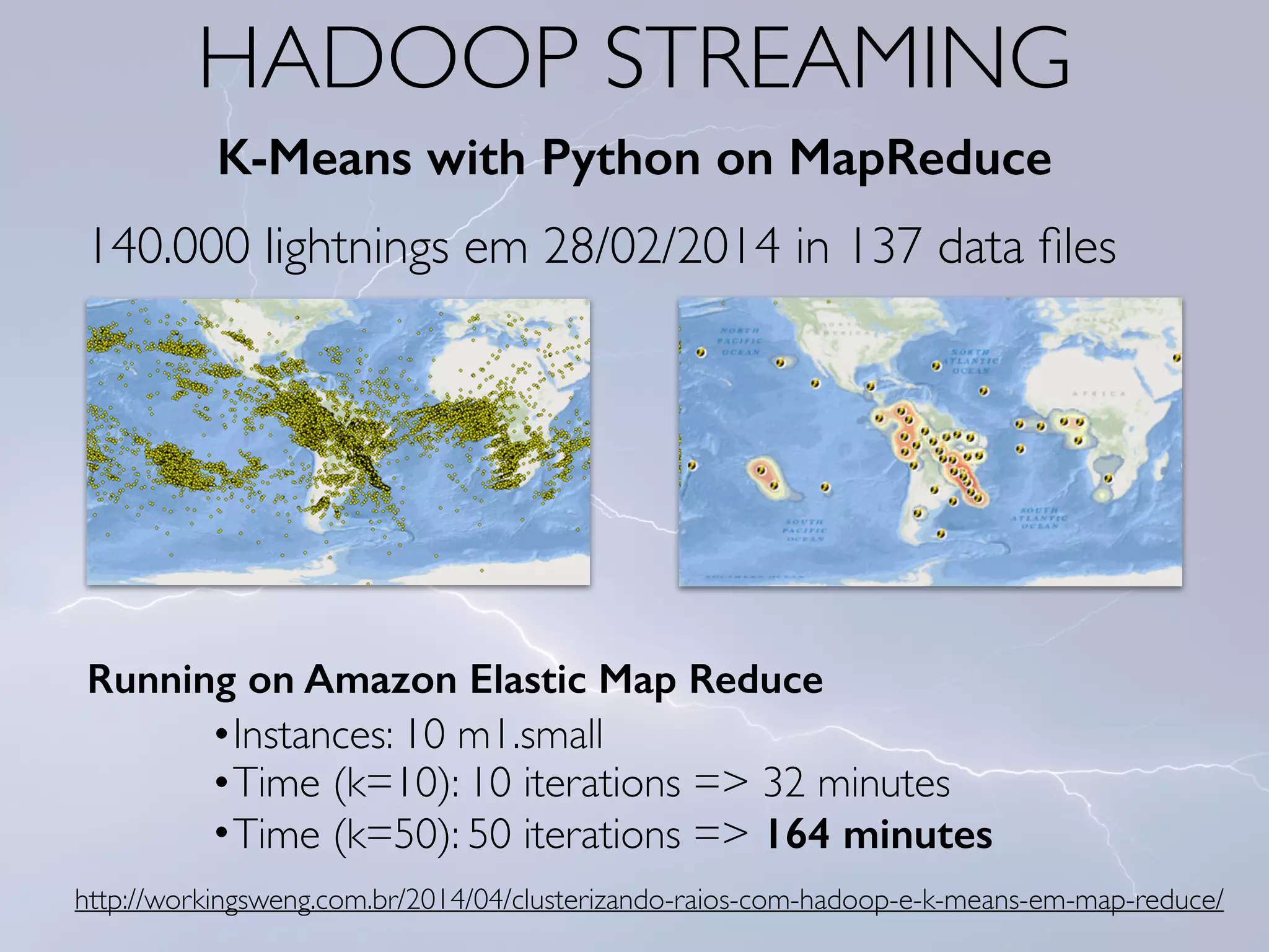 HADOOP STREAMING
http://workingsweng.com.br/2014/04/clusterizando-raios-com-hadoop-e-k-means-em-map-reduce/
K-Means with Python on MapReduce
140.000 lightnings em 28/02/2014 in 137 data ﬁles
Running on Amazon Elastic Map Reduce
•Instances: 10 m1.small
•Time (k=10): 10 iterations => 32 minutes
•Time (k=50): 50 iterations => 164 minutes
 