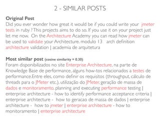 2 - SIMILAR POSTS
Original Post
Did you ever wonder how great it would be if you could write your jmeter
tests in ruby ?This projects aims to do so. If you use it on your project just
let me now. On the Architecture Academy you can read how jmeter can
be used to validate your Architecture. modulo 13 arch deﬁnition
architecture validation | academia de arquitetura 
 
Most similar post (cosine similarity = 0.30) 
Foram disponibilizados no site Enterprise Architecture, na parte de
Knowledge Base de performance, alguns how-tos relacionados a testes de
performance.Entre eles, como deﬁnir os requisitos (throughput, cálculo de
threads para o JMeter etc.), utilização do JMeter, geração de massa de
dados e monitoramento. planning and executing performance testing |
enterprise architecture - how to identify performance acceptance criteria |
enterprise architecture - how to geracao de massa de dados | enterprise
architecture - how to jmeter | enterprise architecture - how to
monitoramento | enterprise architecture
 
