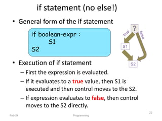 if statement (no else!)
• General form of the if statement
• Execution of if statement
– First the expression is evaluated.
– If it evaluates to a true value, then S1 is
executed and then control moves to the S2.
– If expression evaluates to false, then control
moves to the S2 directly.
Feb-24 Programming
22
if boolean-expr :
S1
S2
S1
S2
 