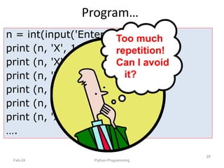 Program…
Feb-24 Python Programming
28
n = int(input('Enter a number: '))
print (n, 'X', 1, '=', n*1)
print (n, 'X', 2, '=', n*2)
print (n, 'X', 3, '=', n*3)
print (n, 'X', 4, '=', n*4)
print (n, 'X', 5, '=', n*5)
print (n, 'X', 6, '=', n*6)
….
Too much
repetition!
Can I avoid
it?
 