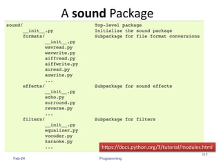 Feb-24 Programming
117
https://docs.python.org/3/tutorial/modules.html
A sound Package
 