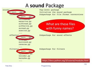 Feb-24xs Programming
118
https://docs.python.org/3/tutorial/modules.html
A sound Package
What are these files
with funny names?
 