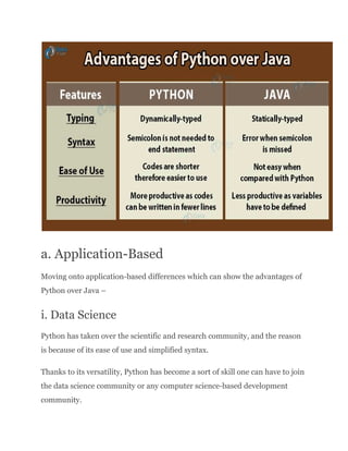 a. Application-Based
Moving onto application-based differences which can show the advantages of
Python over Java –
i. Data Science
Python has taken over the scientific and research community, and the reason
is because of its ease of use and simplified syntax.
Thanks to its versatility, Python has become a sort of skill one can have to join
the data science community or any computer science-based development
community.
 