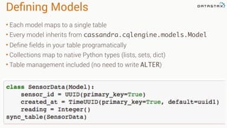 Deﬁning Models
• Each model maps to a single table
• Every model inherits from cassandra.cqlengine.models.Model
• Define fields in your table programatically
• Collections map to native Python types (lists, sets, dict)
• Table management included (no need to write ALTER)
 
