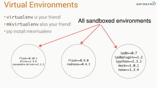 Virtual Environments
• virtualenv is your friend!
• mkvirtualenv also your friend!
• pip install mkvirtualenv
Flask==0.10.1
blist==1.3.6
cassandra-driver==2.1.2
Flask==0.9.0
rednose==0.4.1
ipdb==0.7
ipdbplugin==1.2
ipython==2.3.1
mock==1.0.1
nose==1.3.4
All sandboxed environments
 