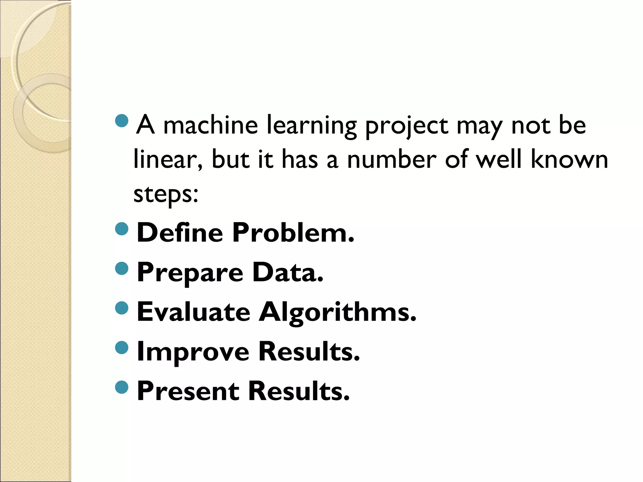 A machine learning project may not be linear, but it has a number of well known steps: Define Problem. Prepare Data. Evaluate Algorithms. Improve Results. Present Results. 