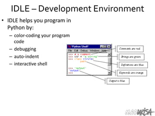 IDLE	
  –	
  Development	
  Environment	
  
•  IDLE	
  helps	
  you	
  program	
  in	
  
Python	
  by:	
  
–  color-­‐coding	
  your	
  program	
  
code	
  
–  debugging	
  
–  auto-­‐indent	
  
–  interac=ve	
  shell	
  
 