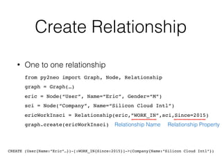 Create Relationship
• One to one relationship 
from py2neo import Graph, Node, Relationship 
graph = Graph(…) 
eric = Node(“User”, Name=“Eric”, Gender=“M”) 
sci = Node(“Company”, Name=“Silicon Cloud Intl”) 
ericWorkInsci = Relationship(eric,”WORK_IN”,sci,Since=2015) 
graph.create(ericWorkInsci)  Relationship Name Relationship Property
CREATE (User{Name:”Eric”…})-[:WORK_IN{Since:2015}]->(Company{Name:”Silicon Cloud Intl”})
 