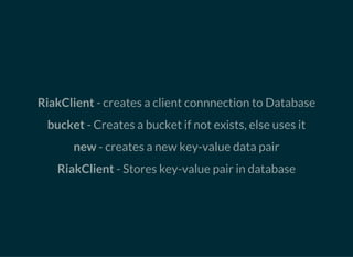 RIAK FOR IMPATIENT
import riak
client = riak.RiakClient()
bucket = client.bucket('developers')
person = bucket.new('python_developer_1', data={
    'name': 'Naren',
    'age': 22,
    'company': 'Mr. Startup!',
})
person.store()
 