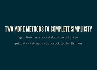 4 SIMPLE METHODS TO
START
1. RiakClient
2. bucket
3. new
4. store
 