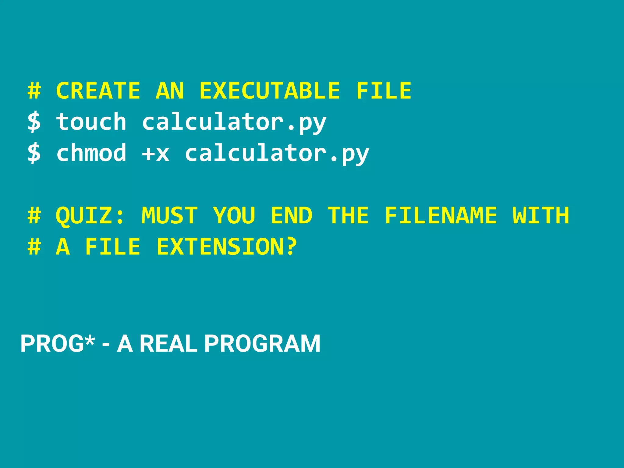 # CREATE AN EXECUTABLE FILE
$ touch calculator.py
$ chmod +x calculator.py
# QUIZ: MUST YOU END THE FILENAME WITH
# A FILE EXTENSION?
PROG* - A REAL PROGRAM
 