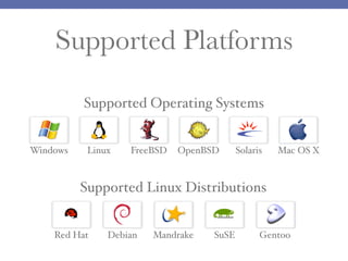 Supported Platforms
Supported Operating Systems
Windows

Linux

FreeBSD

OpenBSD

Solaris

Mac OS X

Supported Linux Distributions
Red Hat

Debian

Mandrake

SuSE

Gentoo

 