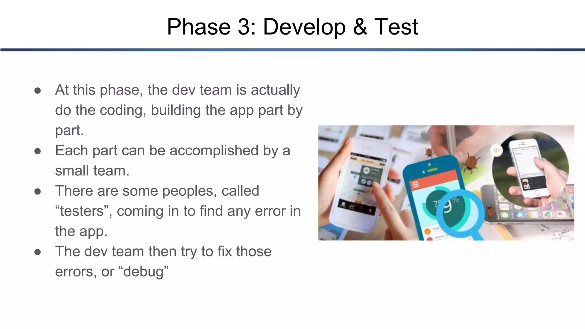 Phase 3: Develop & Test ● At this phase, the dev team is actually do the coding, building the app part by part. ● Each part can be accomplished by a small team. ● There are some peoples, called “testers”, coming in to find any error in the app. ● The dev team then try to fix those errors, or “debug” 