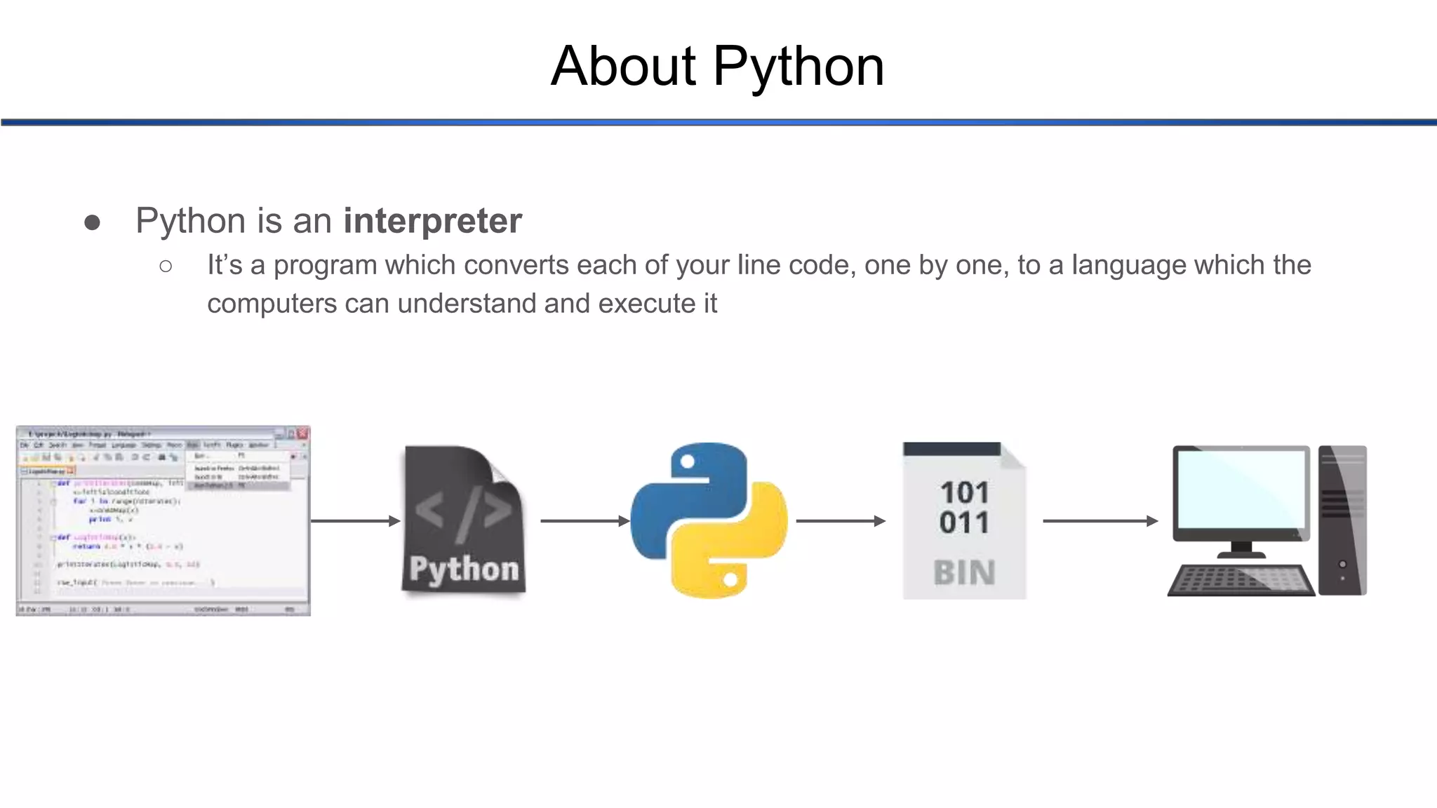 About Python ● Python is an interpreter ○ It’s a program which converts each of your line code, one by one, to a language which the computers can understand and execute it 