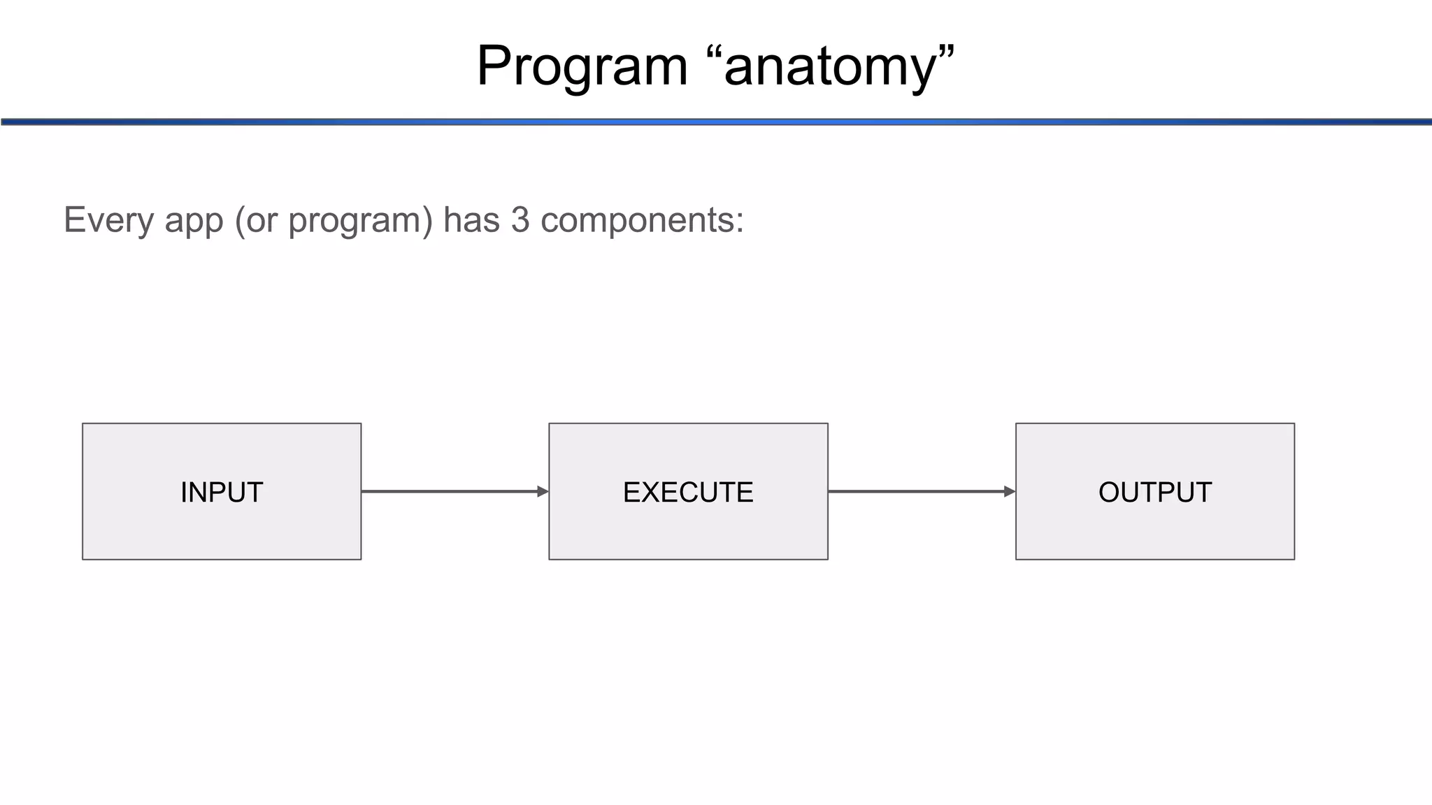 Program “anatomy” Every app (or program) has 3 components: INPUT EXECUTE OUTPUT 