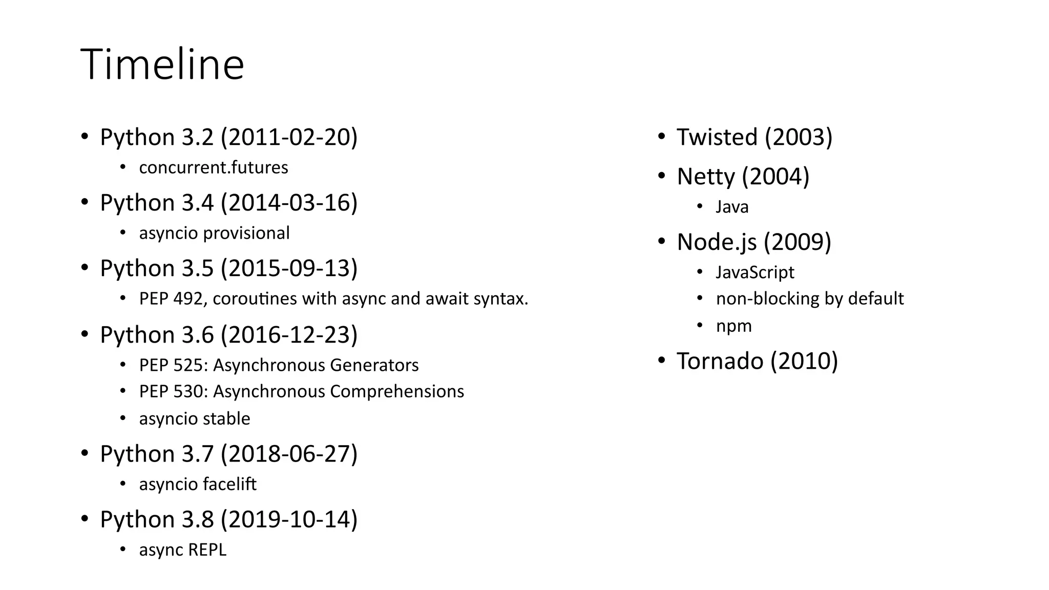 Timeline
• Python 3.2 (2011-02-20)
• concurrent.futures
• Python 3.4 (2014-03-16)
• asyncio provisional
• Python 3.5 (2015-09-13)
• PEP 492, coroufnes with async and await syntax.
• Python 3.6 (2016-12-23)
• PEP 525: Asynchronous Generators
• PEP 530: Asynchronous Comprehensions
• asyncio stable
• Python 3.7 (2018-06-27)
• asyncio faceli|
• Python 3.8 (2019-10-14)
• async REPL
• Twisted (2003)
• Netty (2004)
• Java
• Node.js (2009)
• JavaScript
• non-blocking by default
• npm
• Tornado (2010)
 