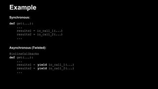 Example
Synchronous:
def get(...):
...
results1 = io_call_1(...)
results2 = io_call_2(...)
...
Asynchronous (Twisted):
@inlineCallbacks
def get(...):
...
results1 = yield io_call_1(...)
results2 = yield io_call_2(...)
...
 