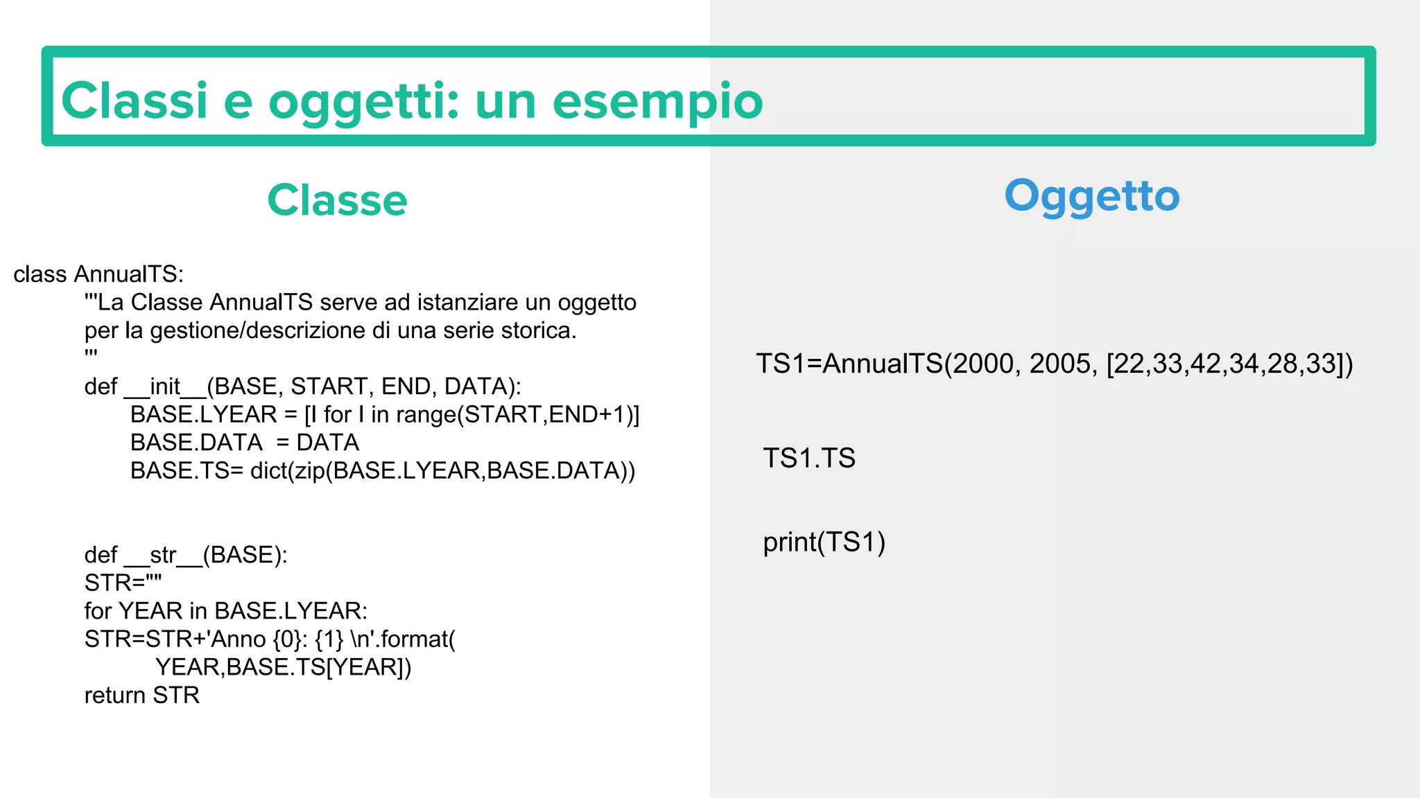 class AnnualTS:
'''La Classe AnnualTS serve ad istanziare un oggetto
per la gestione/descrizione di una serie storica.
'''
def __init__(BASE, START, END, DATA):
BASE.LYEAR = [I for I in range(START,END+1)]
BASE.DATA = DATA
BASE.TS= dict(zip(BASE.LYEAR,BASE.DATA))
def __str__(BASE):
STR=""
for YEAR in BASE.LYEAR:
STR=STR+'Anno {0}: {1} n'.format(
YEAR,BASE.TS[YEAR])
return STR
TS1=AnnualTS(2000, 2005, [22,33,42,34,28,33])
TS1.TS
print(TS1)
 