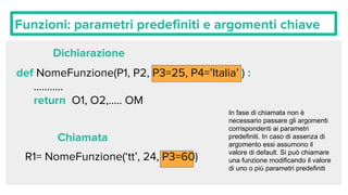 Funzioni: parametri predefiniti e argomenti chiave
def NomeFunzione(P1, P2, P3=25, P4=’Italia’ ) :
………..
return O1, O2,..... OM
Dichiarazione
R1= NomeFunzione(‘tt’, 24, P3=60)
Chiamata
In fase di chiamata non è
necessario passare gli argomenti
corrispondenti ai parametri
predefiniti. In caso di assenza di
argomento essi assumono il
valore di default. Si può chiamare
una funzione modificando il valore
di uno o più parametri predefiniti
 