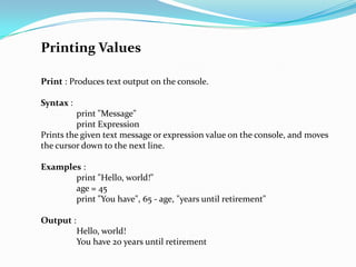 Python basic | PPTX | Programming Languages | Computing