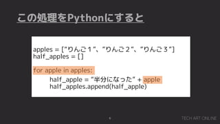 ΄IPythonˤ
6
apples = [󤴣󤴣󤴣]
half_apples = []
for apple in apples:
half_apple = ֤ˤʤä + apple
half_apples.append(half_apple)
 
