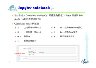  Esc 鍵進入 Command mode (Cell 旁邊變為藍色)，Enter 鍵返回 Edit
mode (Cell 旁邊變為綠色)
 Command mode 快速鍵
Jupyter notebook 5/10
41
Command...