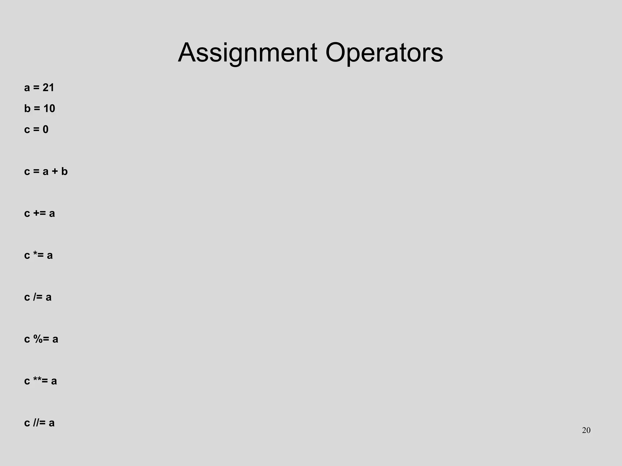 Assignment Operators
a = 21
b = 10
c = 0
c = a + b
c += a
c *= a
c /= a
c %= a
c **= a
c //= a
20
 