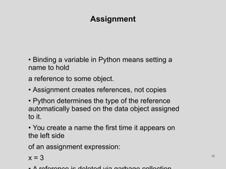 Assignment
• Binding a variable in Python means setting a
name to hold
a reference to some object.
• Assignment creates re...