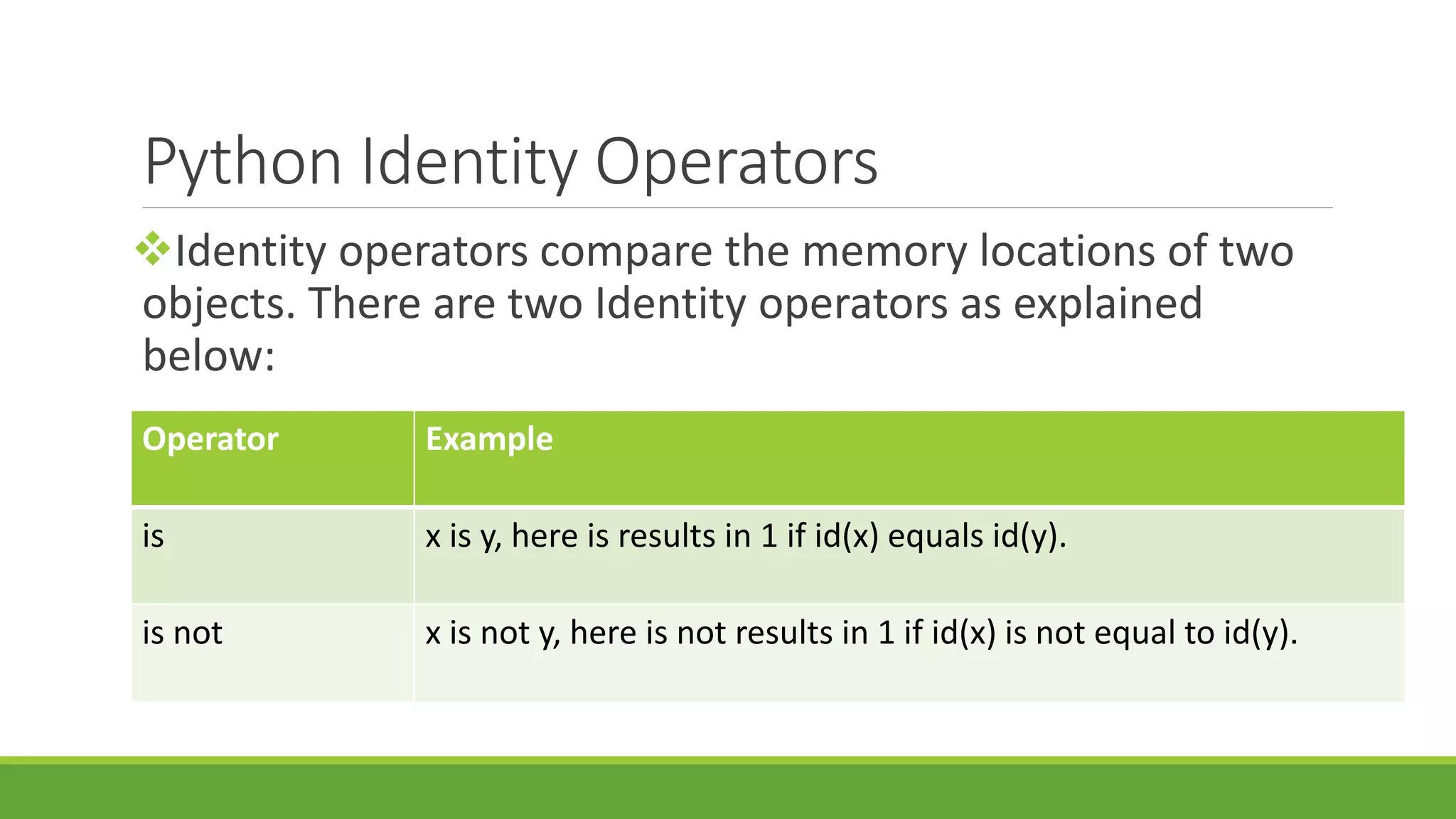 Python Identity Operators Identity operators compare the memory locations of two objects. There are two Identity operators as explained below: Operator Example is x is y, here is results in 1 if id(x) equals id(y). is not x is not y, here is not results in 1 if id(x) is not equal to id(y). 