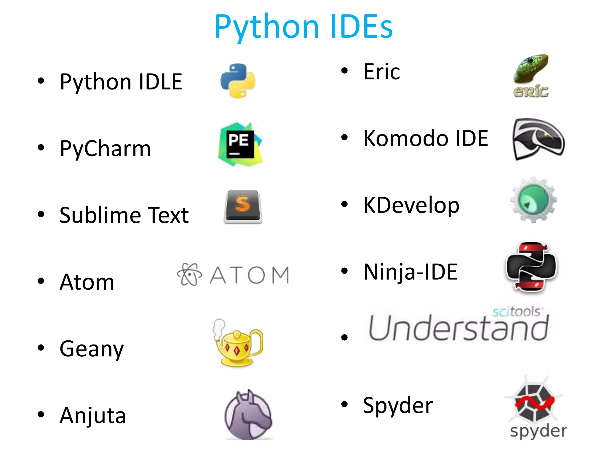 Python IDEs
• Python IDLE
• PyCharm
• Sublime Text
• Atom
• Geany
• Anjuta
• Eric
• Komodo IDE
• KDevelop
• Ninja-IDE
•
• Spyder
 