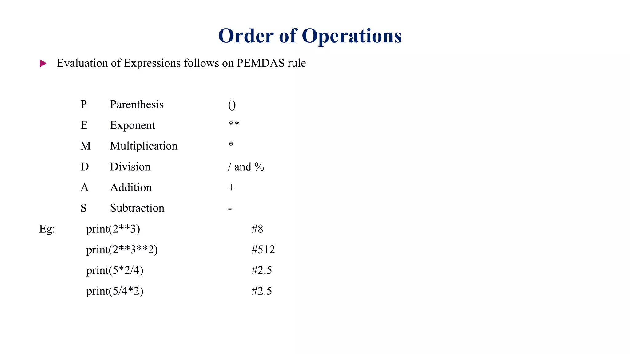 Order of Operations
 Evaluation of Expressions follows on PEMDAS rule
P Parenthesis ()
E Exponent **
M Multiplication *
D Division / and %
A Addition +
S Subtraction -
Eg: print(2**3) #8
print(2**3**2) #512
print(5*2/4) #2.5
print(5/4*2) #2.5
 