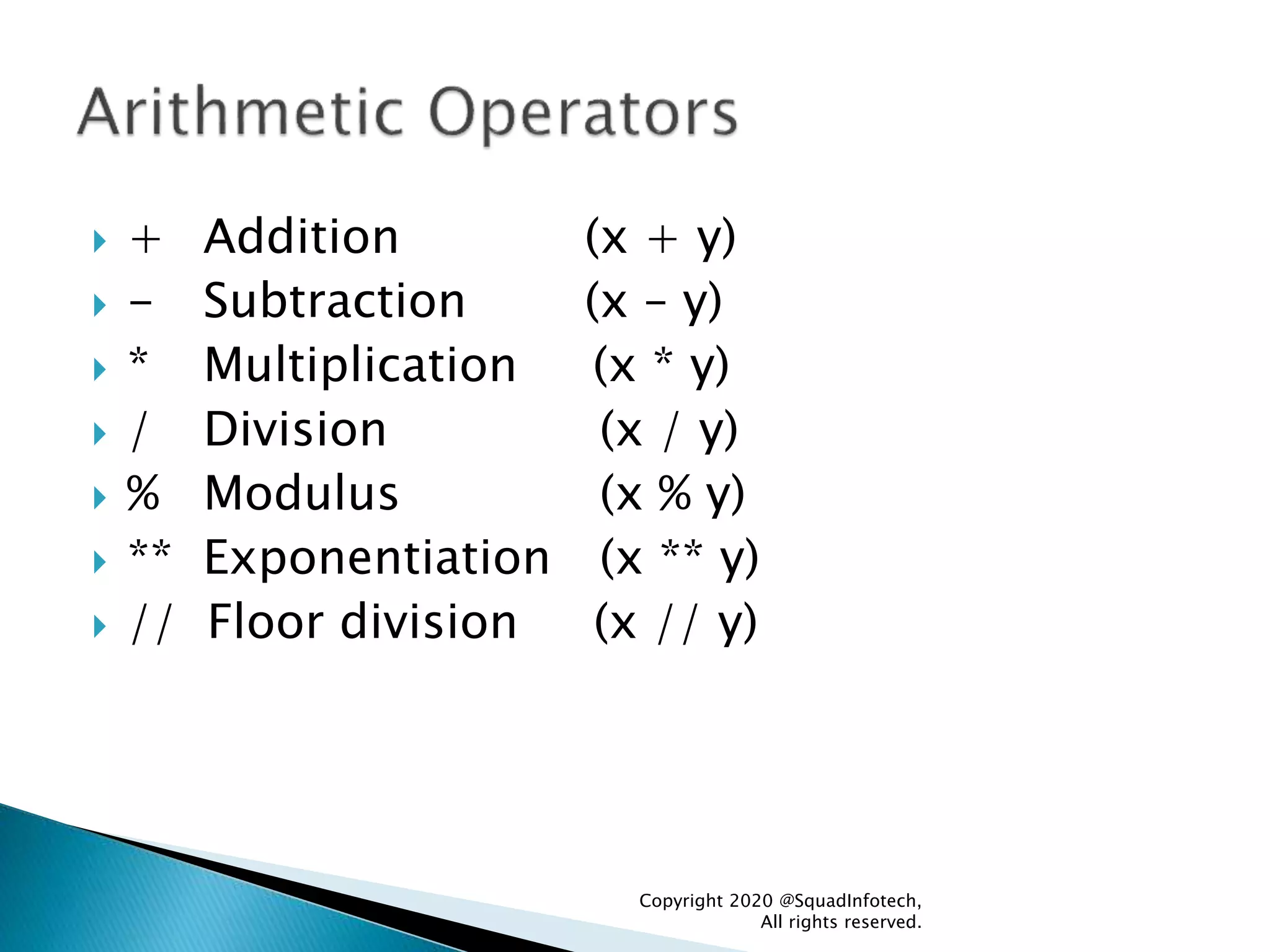  + Addition (x + y)
 - Subtraction (x – y)
 * Multiplication (x * y)
 / Division (x / y)
 % Modulus (x % y)
 ** Exponentiation (x ** y)
 // Floor division (x // y)
Copyright 2020 @SquadInfotech,
All rights reserved.
 