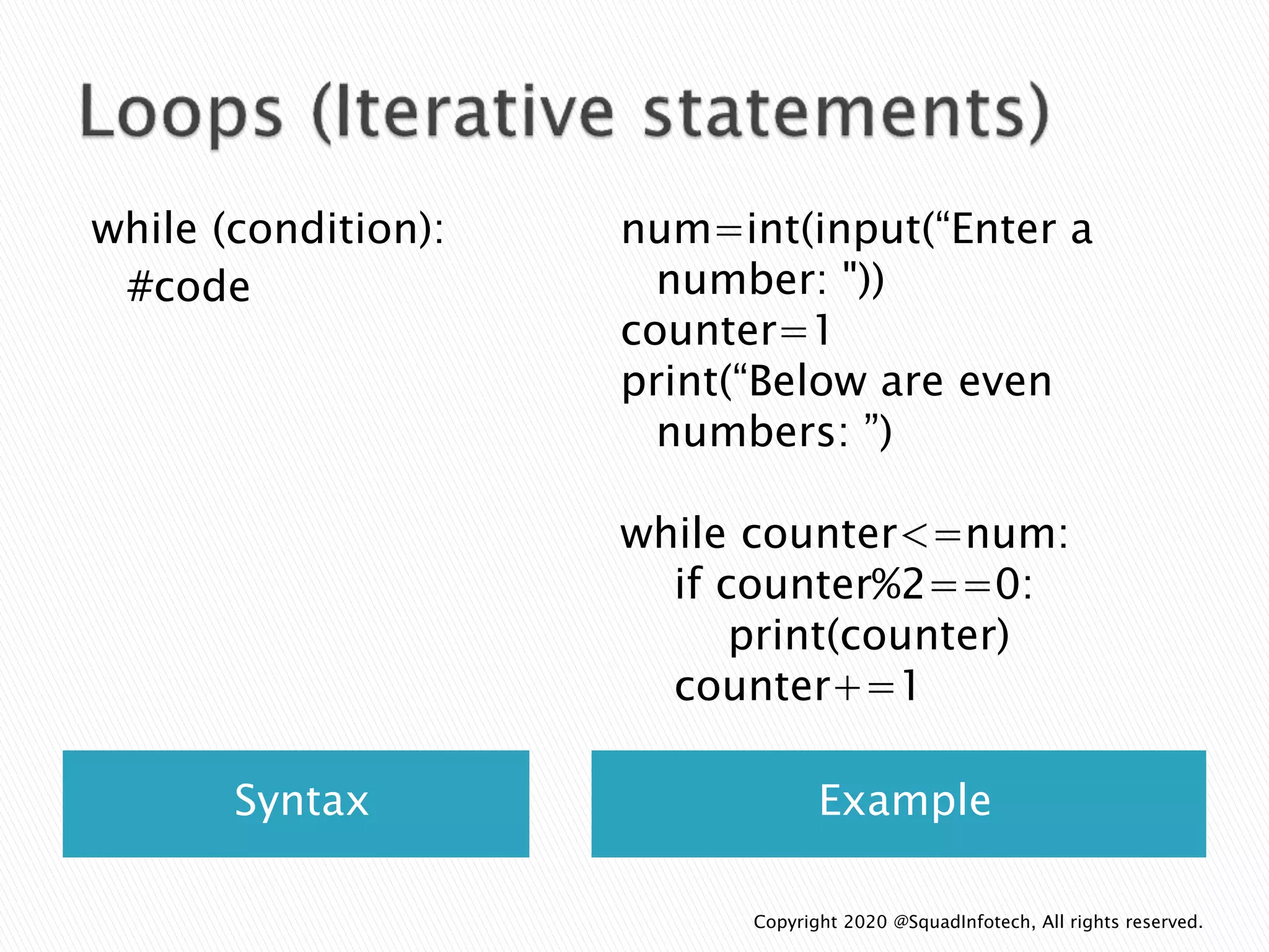 Syntax Example
while (condition):
#code
num=int(input(“Enter a
number: "))
counter=1
print(“Below are even
numbers: ”)
while counter<=num:
if counter%2==0:
print(counter)
counter+=1
Copyright 2020 @SquadInfotech, All rights reserved.
 