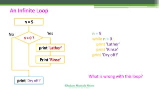 Ghulam Mustafa Shoro
U N I V E R S I T Y O F S I N D H
An Infinite Loop
n = 5
while n > 0 :
print 'Lather'
print 'Rinse'
print 'Dry off!'
What is wrong with this loop?
n > 0 ?
Print 'Rinse'
No
print 'Dry off!'
Yes
n = 5
print 'Lather'
 