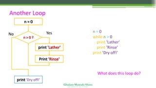 Ghulam Mustafa Shoro
U N I V E R S I T Y O F S I N D H
Another Loop
n = 0
while n > 0 :
print 'Lather'
print 'Rinse'
print 'Dry off!'
What does this loop do?
n > 0 ?
Print 'Rinse'
No
print 'Dry off!'
Yes
n = 0
print 'Lather'
 