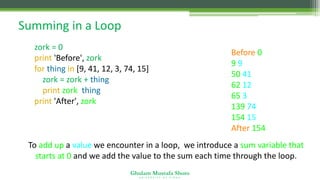 Ghulam Mustafa Shoro
U N I V E R S I T Y O F S I N D H
Summing in a Loop
zork = 0
print 'Before', zork
for thing in [9, 41, 12, 3, 74, 15] :
zork = zork + thing
print zork, thing
print 'After', zork
Before 0
9 9
50 41
62 12
65 3
139 74
154 15
After 154
To add up a value we encounter in a loop, we introduce a sum variable that
starts at 0 and we add the value to the sum each time through the loop.
 