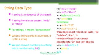 Ghulam Mustafa Shoro
U N I V E R S I T Y O F S I N D H
String Data Type
• A string is a sequence of characters
• A string literal uses quotes ‘Hello’
or “Hello”
• For strings, + means “concatenate”
• When a string contains numbers, it
is still a string
• We can convert numbers in a string
into a number using int()
>>> str1 = "Hello“
>>> str2 = 'there‘
>>> bob = str1 + str2
>>> print bob
Hellothere
>>> str3 = '123‘
>>> str3 = str3 + 1
Traceback (most recent call last): File
"<stdin>", line 1, in
<module>TypeError: cannot
concatenate 'str' and 'int' objects
>>> x = int(str3) + 1
>>> print x
124
 