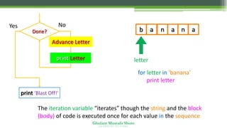 Ghulam Mustafa Shoro
U N I V E R S I T Y O F S I N D H
Done?
No
print ‘Blast Off!'
Yes
print Letter
Advance Letter
for letter in 'banana' :
print letter
b a n a n a
letter
The iteration variable “iterates” though the string and the block
(body) of code is executed once for each value in the sequence
 