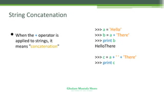 Ghulam Mustafa Shoro
U N I V E R S I T Y O F S I N D H
String Concatenation
• When the + operator is
applied to strings, it
means "concatenation"
>>> a = 'Hello‘
>>> b = a + 'There‘
>>> print b
HelloThere
>>> c = a + ' ' + 'There‘
>>> print c
Hello There
 