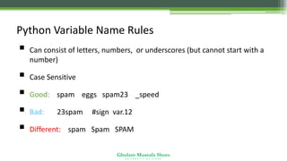 Ghulam Mustafa Shoro
U N I V E R S I T Y O F S I N D H
Python Variable Name Rules
▪ Can consist of letters, numbers, or underscores (but cannot start with a
number)
▪ Case Sensitive
▪ Good: spam eggs spam23 _speed
▪ Bad: 23spam #sign var.12
▪ Different: spam Spam SPAM
 
