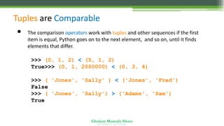 Ghulam Mustafa Shoro
U N I V E R S I T Y O F S I N D H
Tuples are Comparable
• The comparison operators work with tuples and other sequences if the first
item is equal, Python goes on to the next element, and so on, until it finds
elements that differ.
>>> (0, 1, 2) < (5, 1, 2)
True>>> (0, 1, 2000000) < (0, 3, 4)
True
>>> ( 'Jones', 'Sally' ) < ('Jones', 'Fred')
False
>>> ( 'Jones', 'Sally') > ('Adams', 'Sam')
True
 