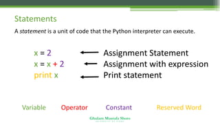 Ghulam Mustafa Shoro
U N I V E R S I T Y O F S I N D H
Statements
Assignment Statement
Assignment with expression
Print statement
x = 2
x = x + 2
print x
Variable Operator Constant Reserved Word
A statement is a unit of code that the Python interpreter can execute.
 
